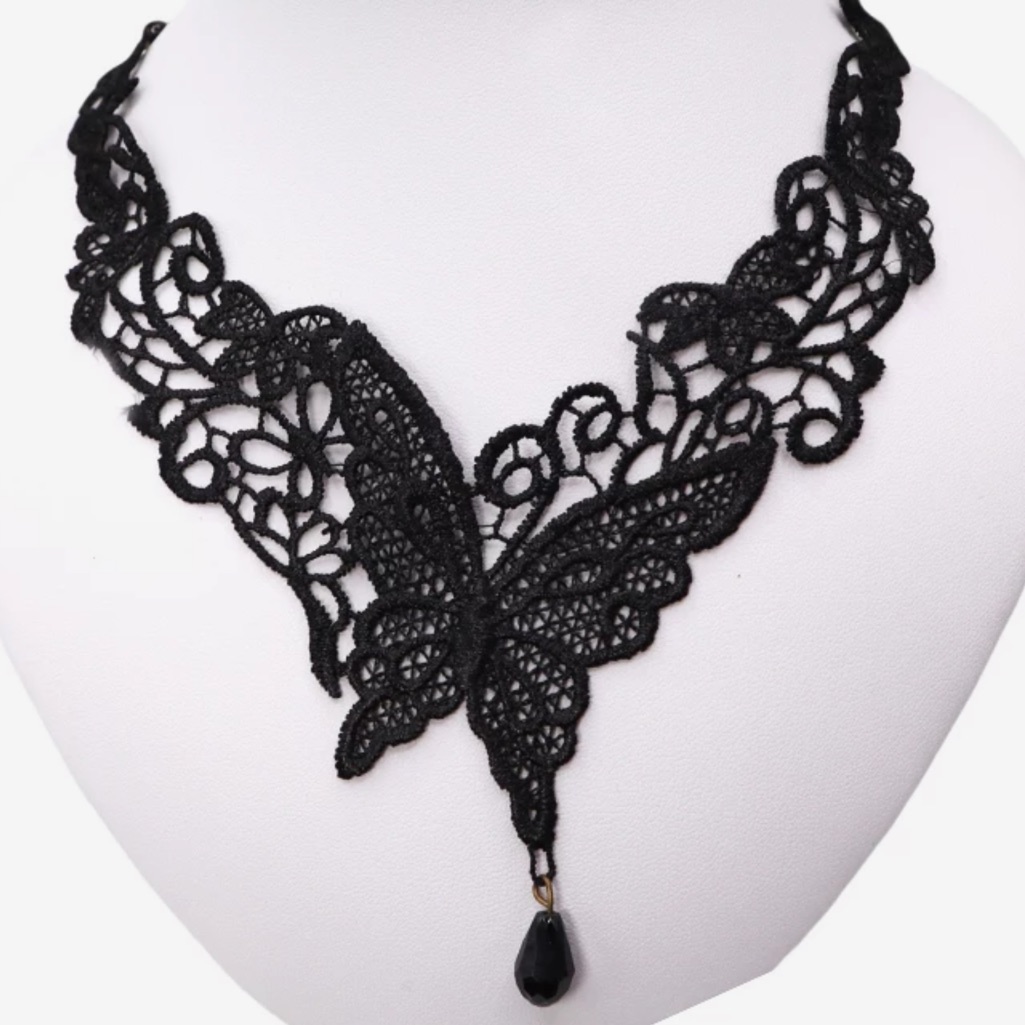 Gothic Butterfly Lace Rhinestones Choker Necklace